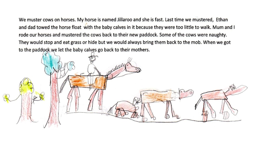 A page form a book a child has written. It has hand drawn pictures of a cattle muster.