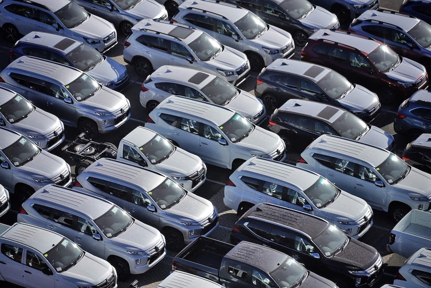 New car imports parked on the wharf at the Port of Brisbane.