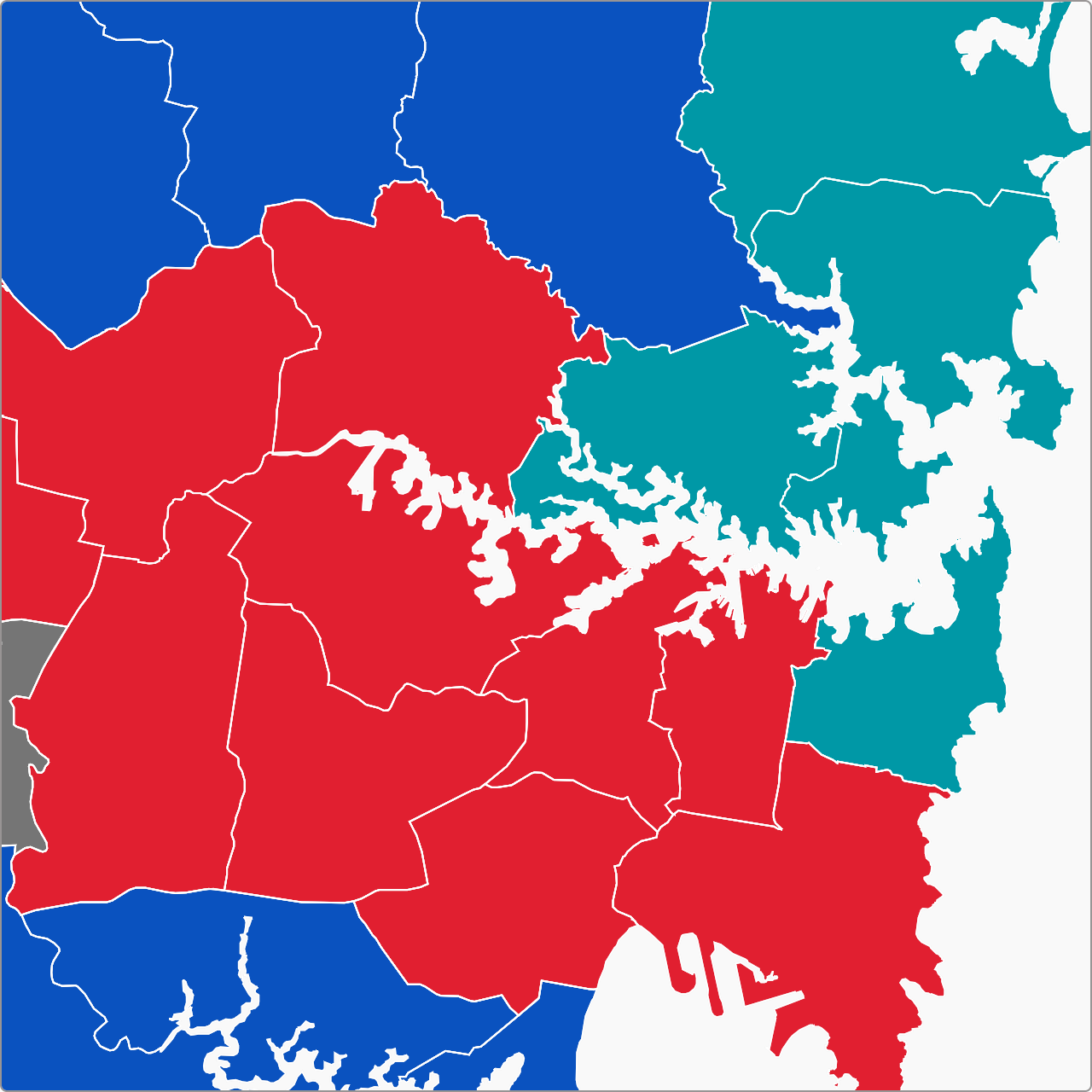 An electoral map of Sydney showing the 2022 election results.