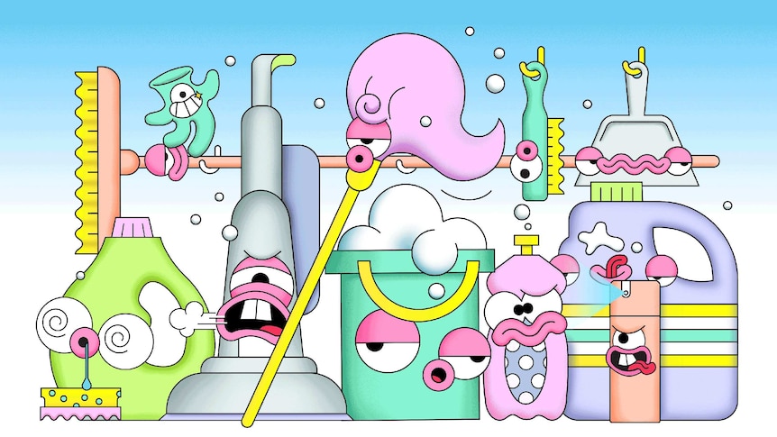 Illustration of cleaning products for story about hiring a cleaner