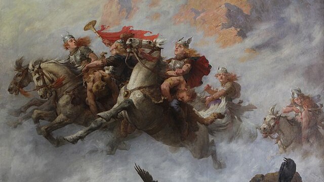 A painting of Valkyries riding their horses through the clouds.