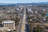 An aerial view of Northbourne Avenue looking south after the removal of median strip trees.