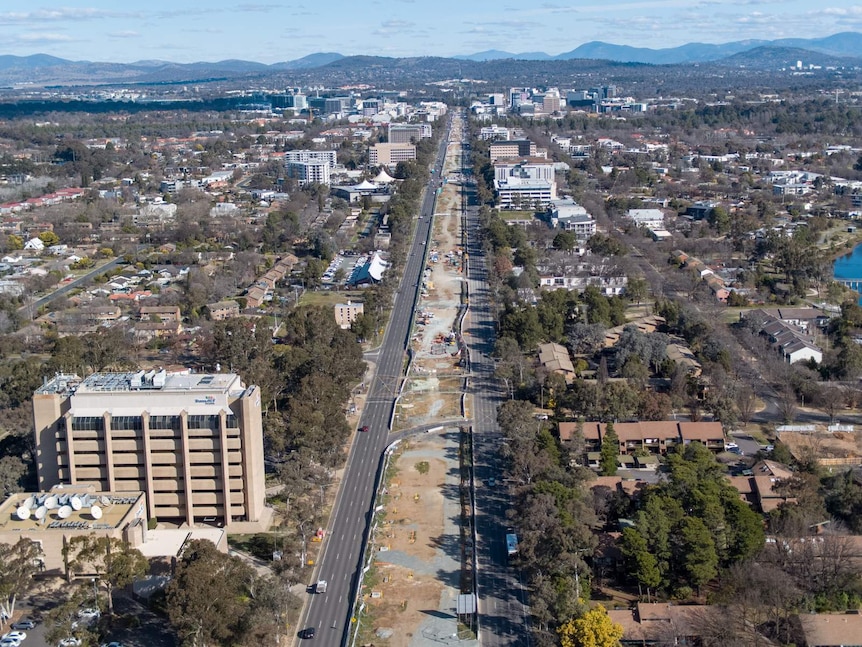 An aerial view of Northbourne Avenue looking south after the removal of median strip trees.