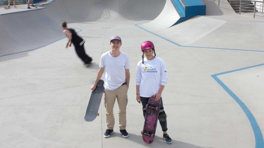 Amar Hadid and Mikey Mendoza standing in the centre of the skate ramp at Bondi