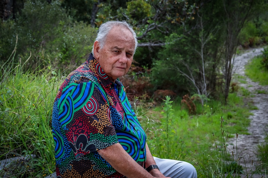 A man sits, surrounded by scrub, he is wearing a shirt with Indigenous art patterns and is looking at the camera.