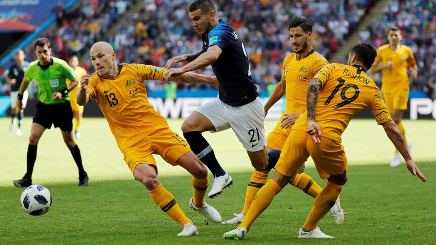 Socceroos midfielder Aaron Mooy in action against France at the 2018 World Cup in Russia