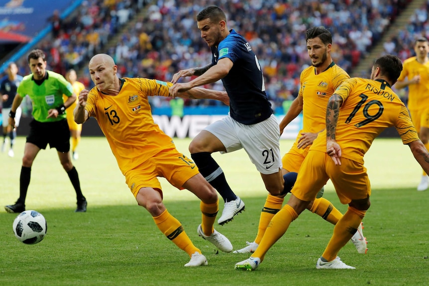 Socceroos midfielder Aaron Mooy in action against France at the 2018 World Cup in Russia