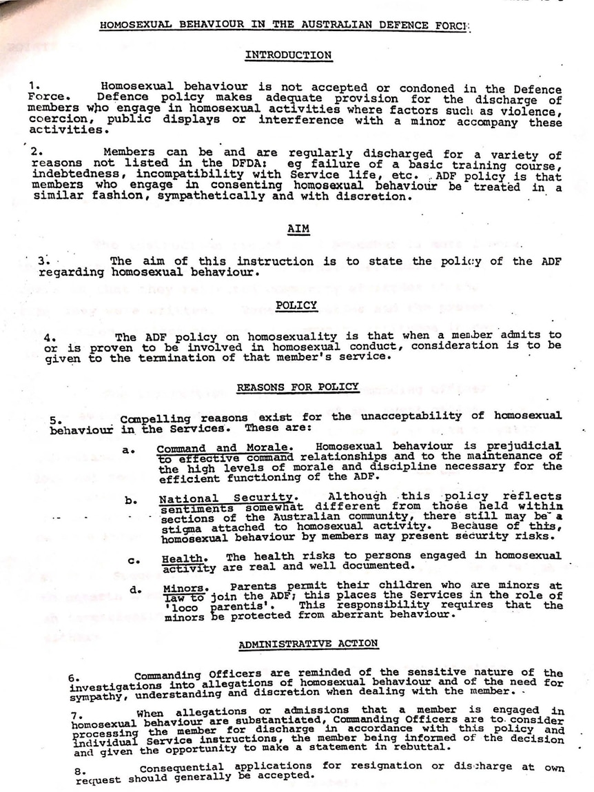A one-page excerpt from a 1985 Australian Defence Force instruction on homosexual behaviour.