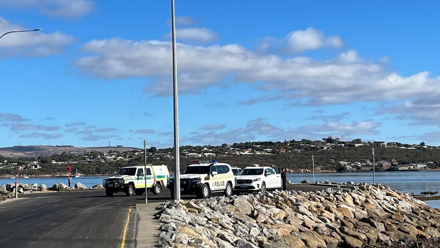 Two police cars and one ambulance at the end of the road next to the sea