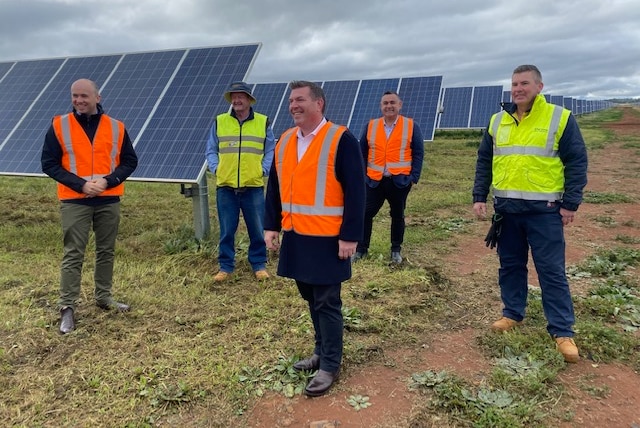 Five men in bright vests stand near a solar farm.