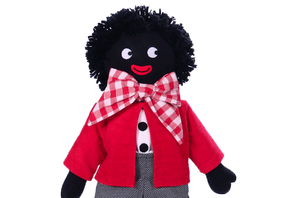 gollywog doll made of black fabric, with bright red lips, frizzy hair, a red and white check tie, red shoes and red jacket
