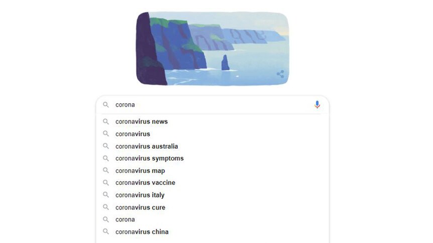 A screenshot shows a white Google screen with the word 'corona' written in the search bar featuring multiple predicted entries.