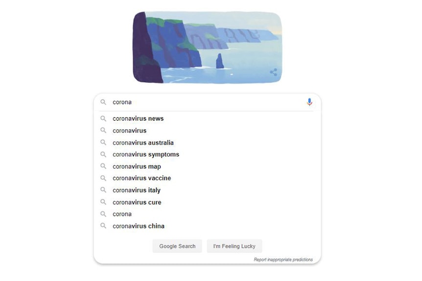 A screenshot shows a white Google screen with the word 'corona' written in the search bar featuring multiple predicted entries.