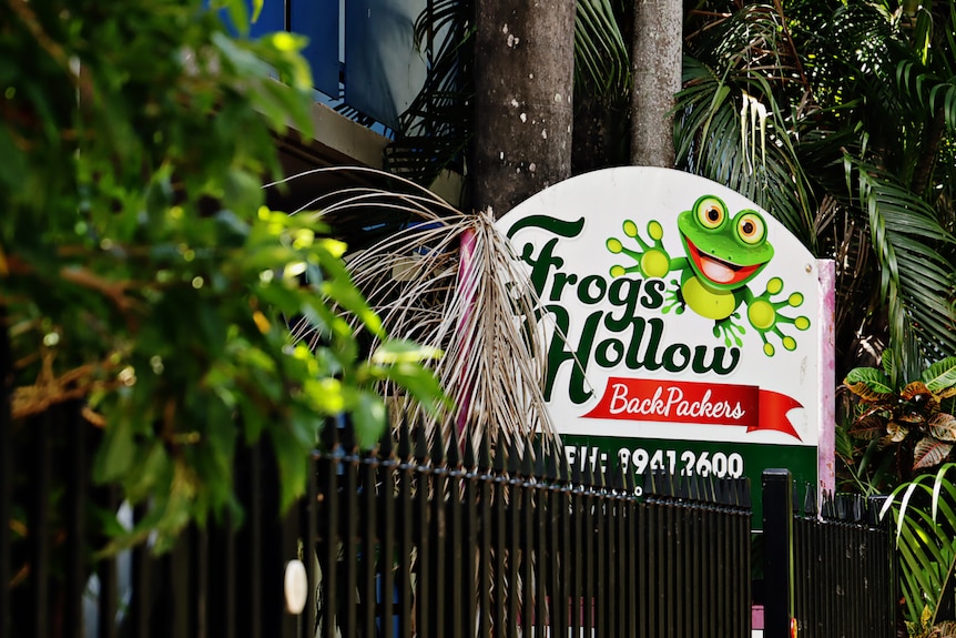 A sign saying Frogs Hollow Backpackers next to a fence and greenery. 