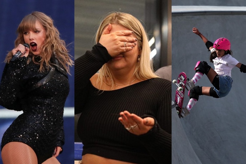 Three photos: Taylor Swift singing on stage, a woman holding one hand over her eyes, and a female skateboarder going up a ramp