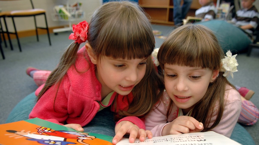 Sibel Hulusi, 6, (right) and her identical twin sister Alev read a book in Melbourne in 2006.