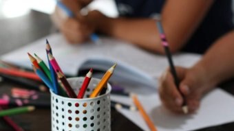 Children's hands hold coloured pencils.