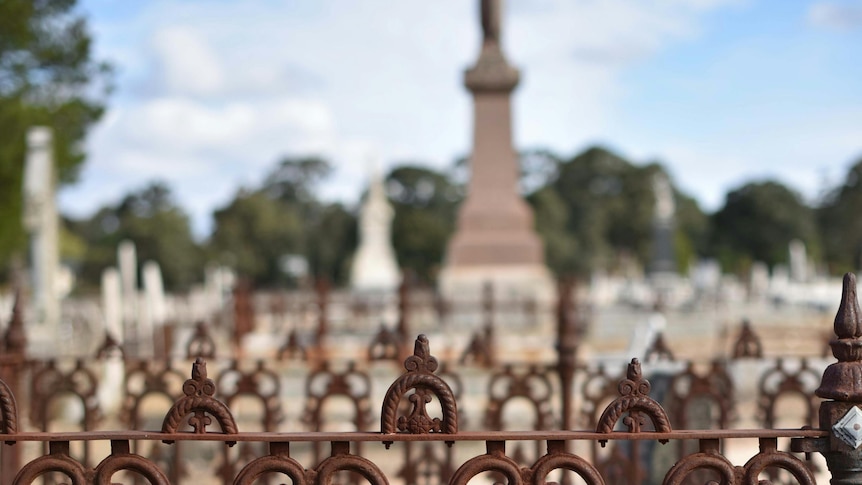 A colour photograph of tombstones behind a wrought iron fence