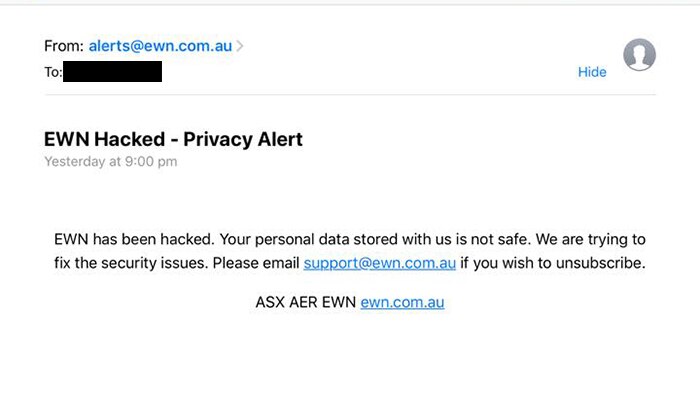 Text message saying "EWN has been hacked. Your personal data is not safe. Trying to fix the security issues".