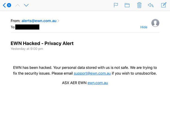 Text message saying "EWN has been hacked. Your personal data is not safe. Trying to fix the security issues".