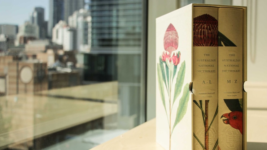 A second edition copy of the Australian National Dictionary sits on a windowsill
