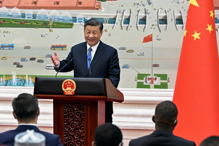 Chinese President Xi Jinping gives speeech to ambassadors in the Great Hall of the People in Beijing.