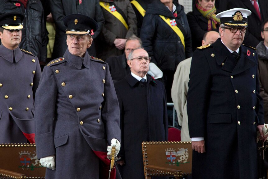 Belgium's Prince Laurent, front right, stands next to Britain's Prince Philip, front left.
