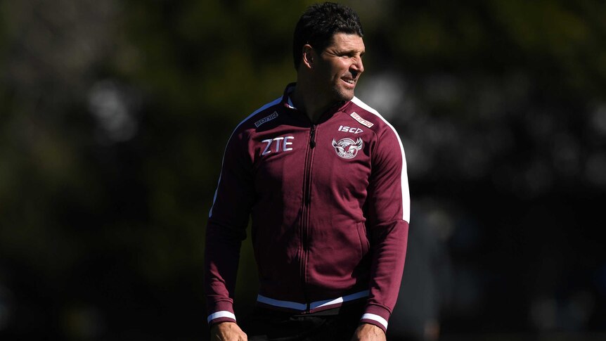 Trent Barrett looks side on at a Manly Sea Eagles training session.