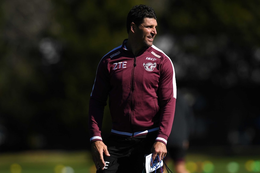 Trent Barrett looks side on at a Manly Sea Eagles training session.