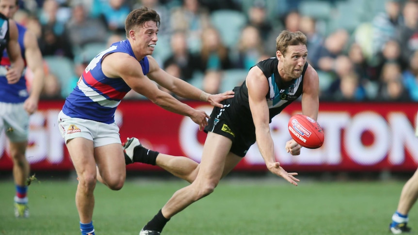 Port Adelaide's Jay Schulz hand balls in the match against the Western Bulldogs in round 14, 2014.