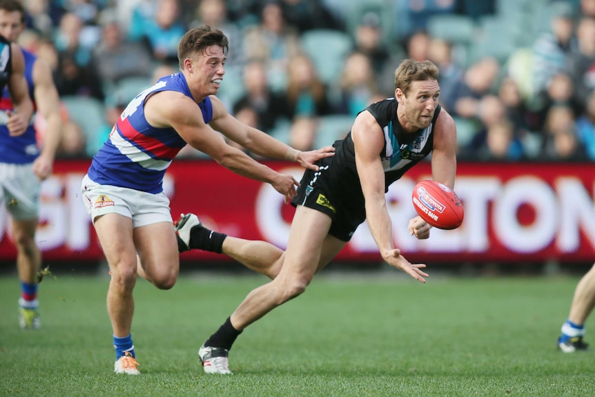 Port Adelaide's Jay Schulz hand balls in the match against the Western Bulldogs in round 14, 2014.
