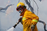 A CFA firefighter, wearing goggles and breathing mask and hose in smoky area.