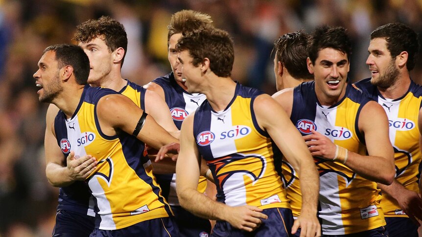 Flag favourites ... The Eagles celebrate a goal against the Hawks during their qualifying win
