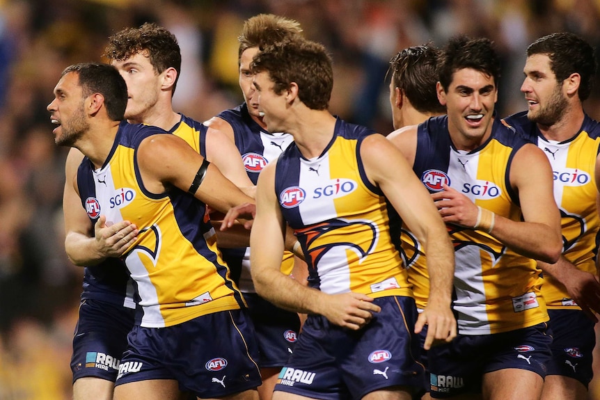 Eagles congratulate Hill after goal against Hawks