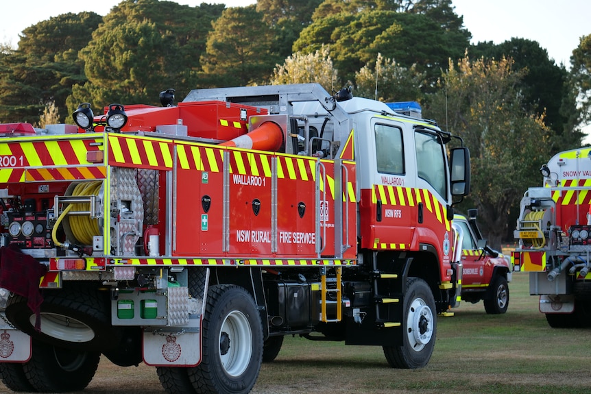 A red fire truck with New South Wales Rural Fire Services written on the side.