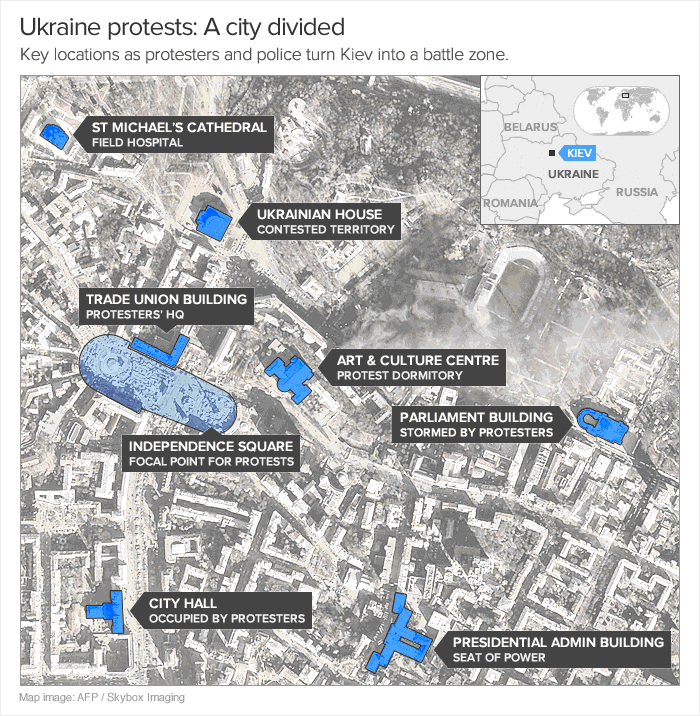The key locations in the ongoing unrest gripping Ukraine's capital of Kiev.