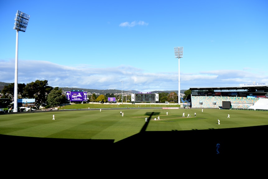 A wide shot of Bellerieve Oval, with shadows lengthening over cricketers on the field