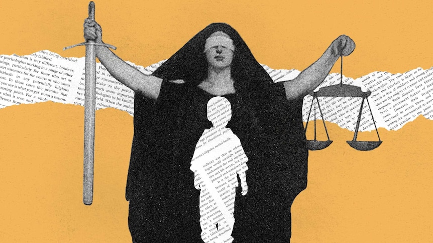 A generic image of a child stands before a woman holding the scales of justice and a sword