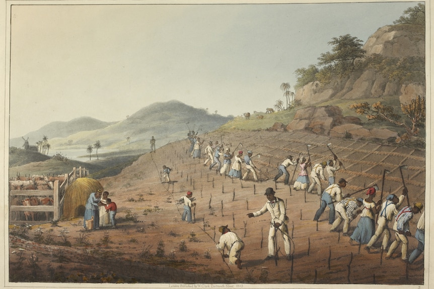 Painting of people ploughing the field