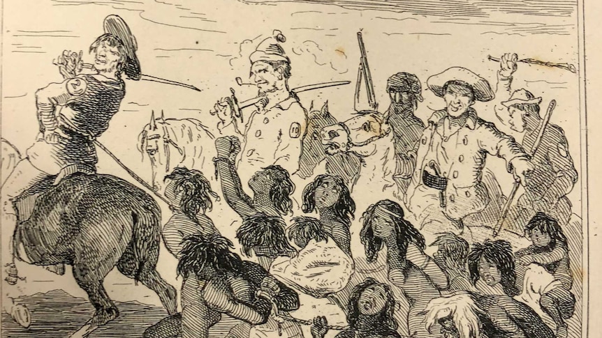 An illustration depicting events of the Myall Creek massacre in 1838, showing stickmen dragging Aboriginal people along by ropes