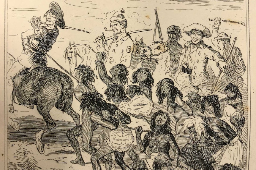 An illustration depicting events of the Myall Creek massacre in 1838, showing stickmen dragging Aboriginal people along by ropes