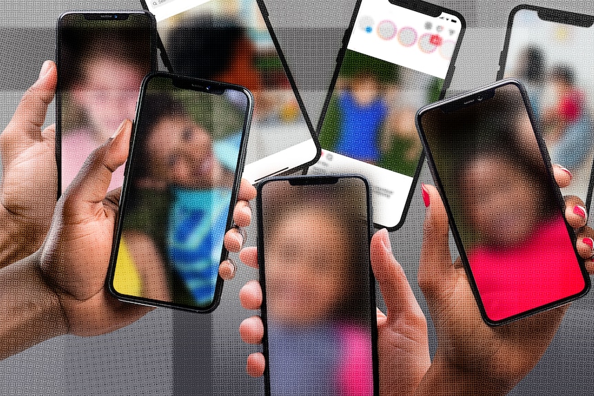 Hands hold mobile phones with blurred images on the screens.