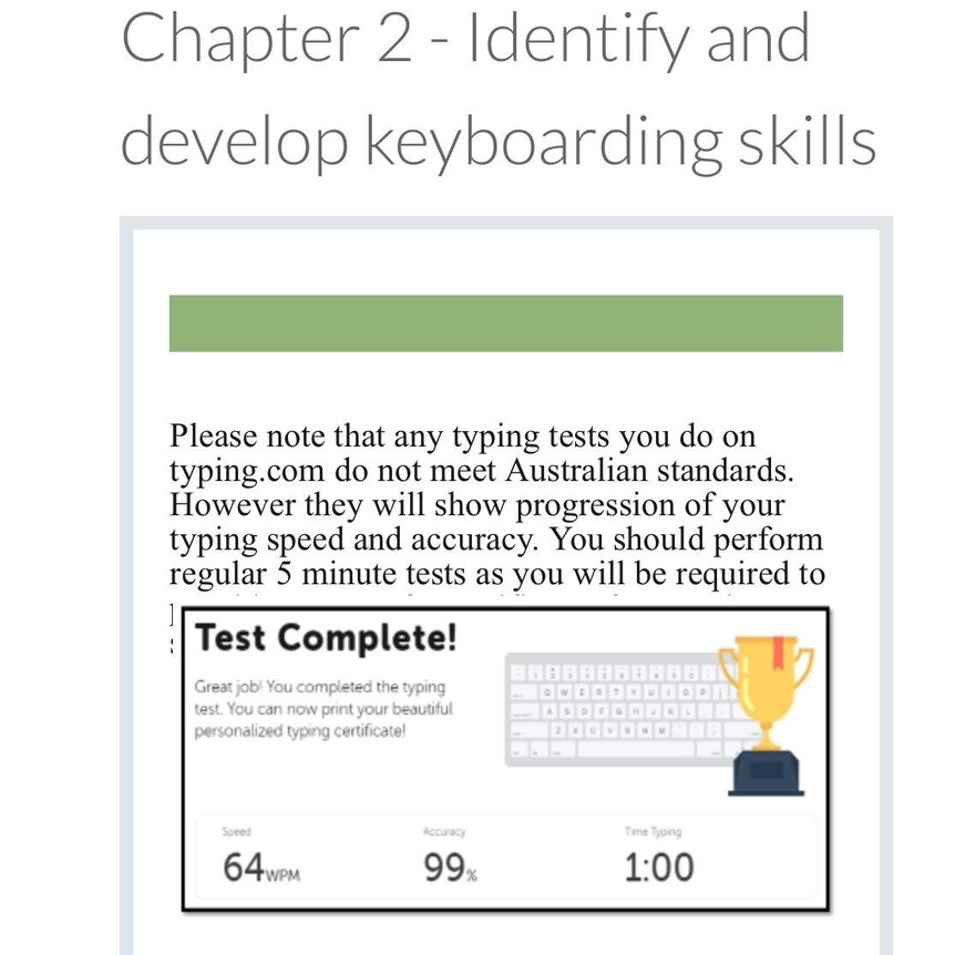 A screenshot of coursework which shows a chapter titled "Identify and develop keyboarding skills".