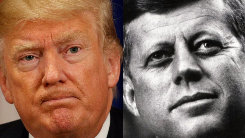 A headshot of Donald Trump and JFK