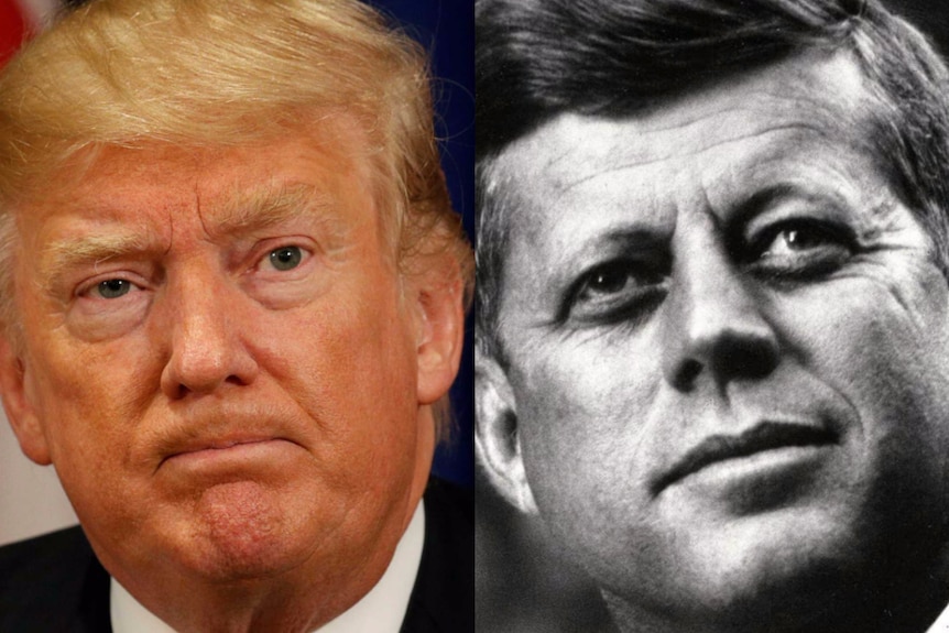 A headshot of Donald Trump and JFK