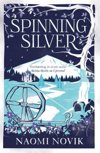 A blue and indigo book cover depicting a winter scene and a spinning wheel.