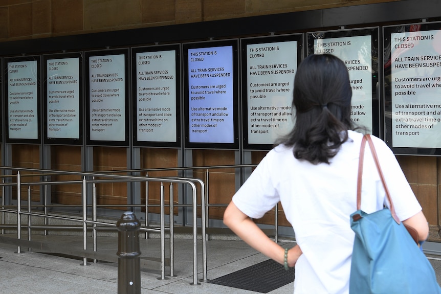 Central station's boards show no trains running due to Sydney rail shutdown