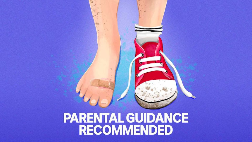 Illustration of a persons right bare foot with a bandaid and red shoe on the other