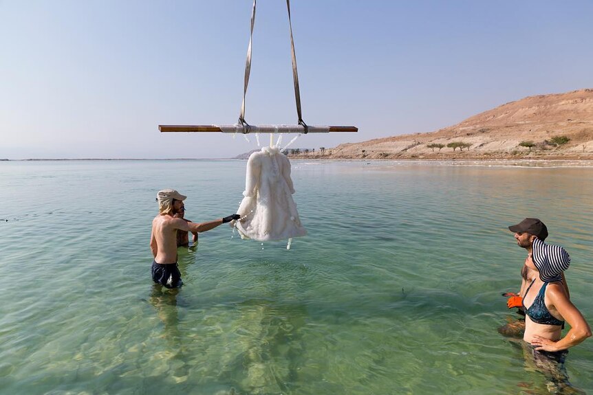 Creators lift the salt bride dress out of the Dead Sea to examine the crystallisation progress.