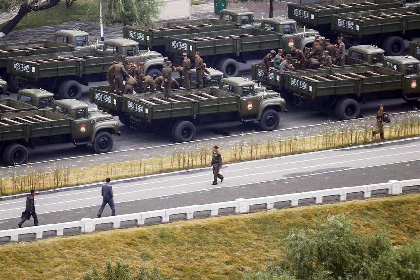 North Korean trucks line up ahead of military parade